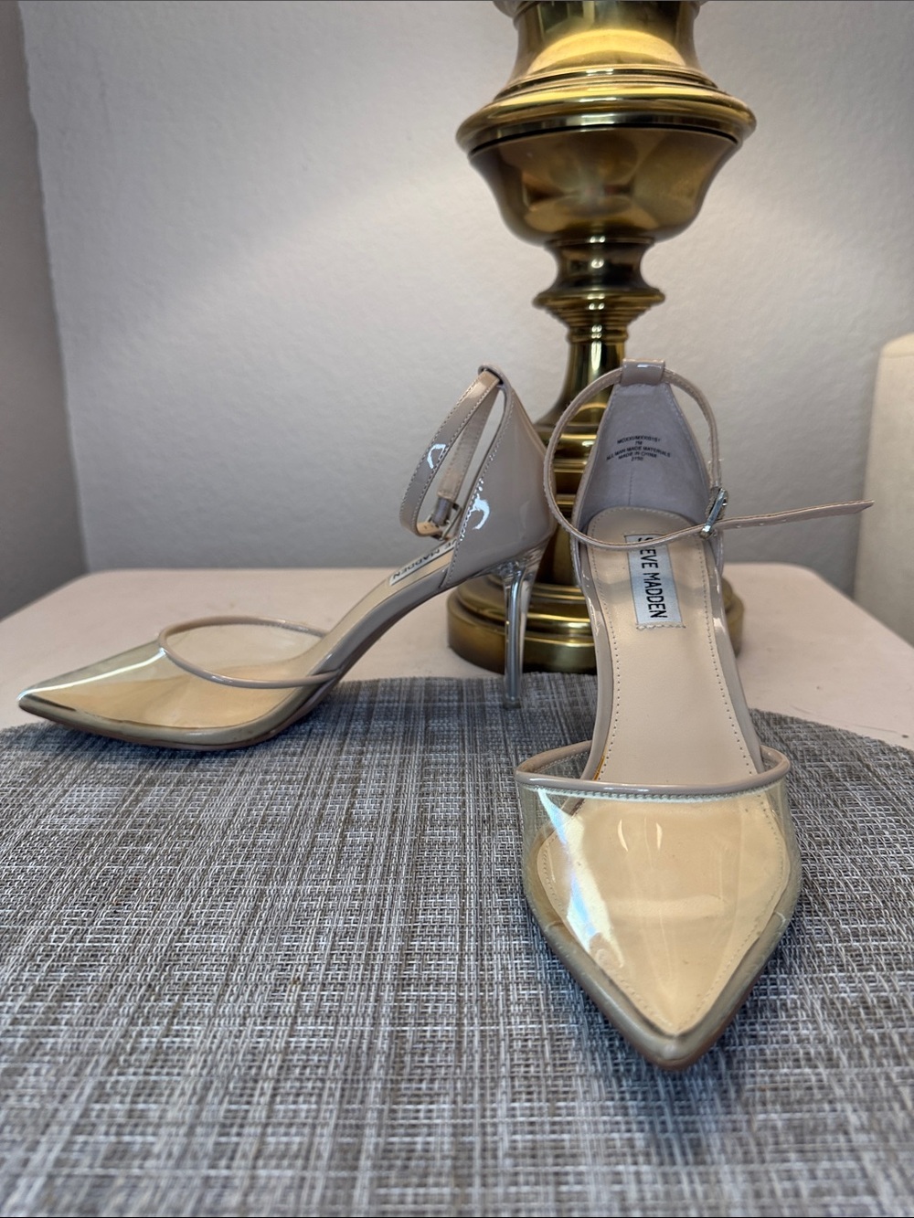 Steve Madden Beige Patent Pointed-Toe Ankle-Strap Heels